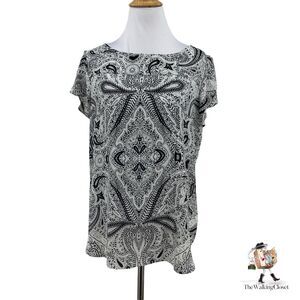 Ann Taylor Loft Paisley Blouse Women S Small Lightweight Cap Sleeves Black White